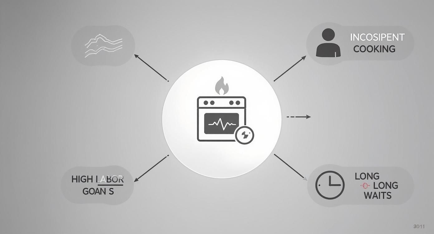 A diagram illustrating challenges in cooking, including inconsistent results, high labor, and long waiting times.