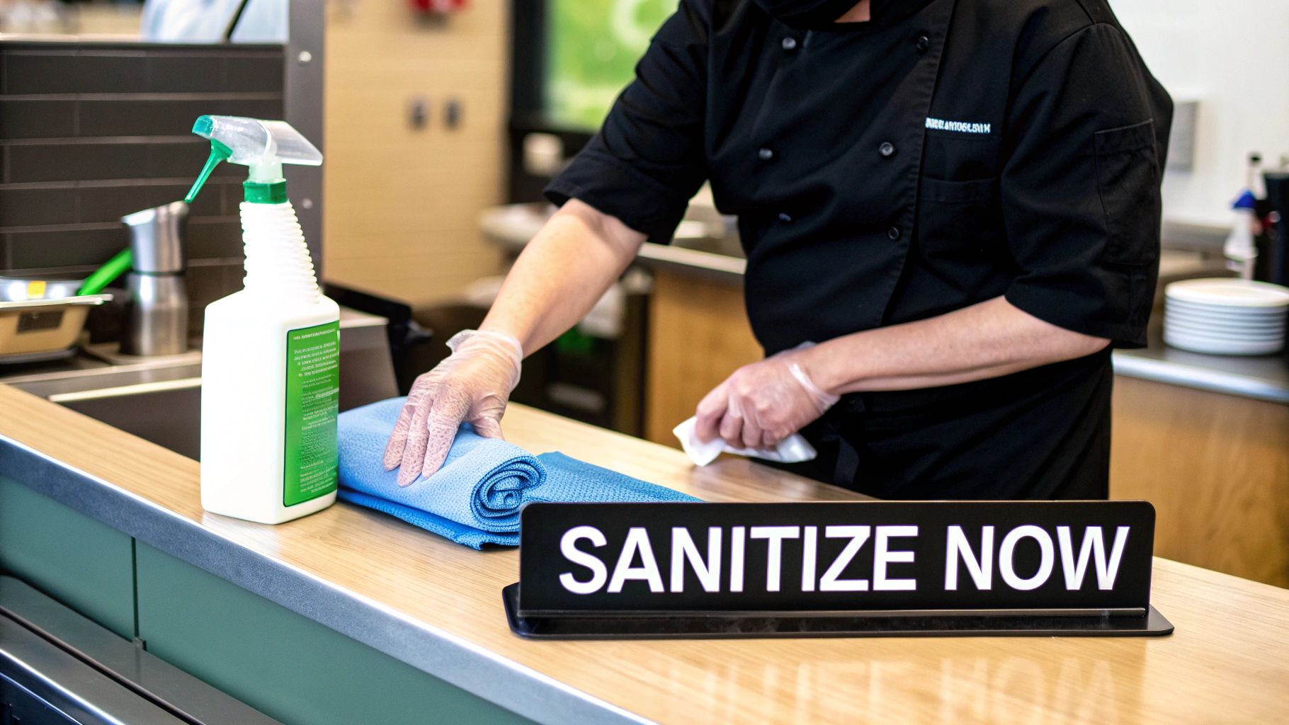 A chef wearing gloves cleans a counter with a spray bottle and blue cloth, next to a "SANITIZE NOW" sign.
