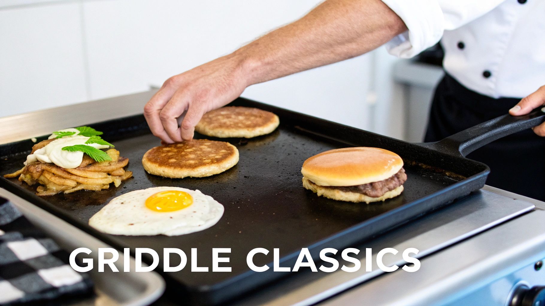 A chef's hands cook various breakfast items like pancakes, a fried egg, and a burger on a griddle.