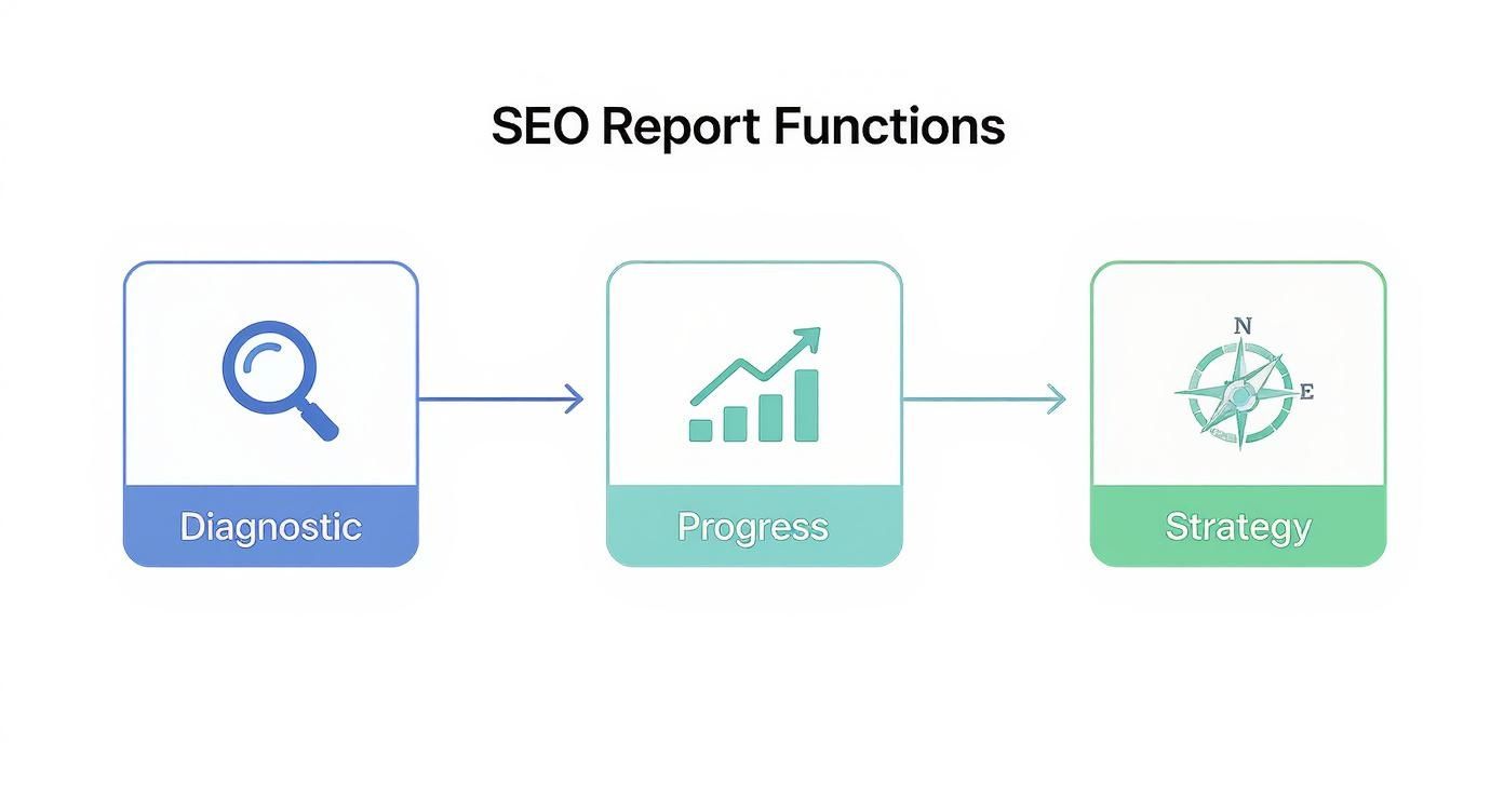 Flowchart illustrating SEO report functions: Diagnostic, Progress, and Strategy, each with a descriptive icon.