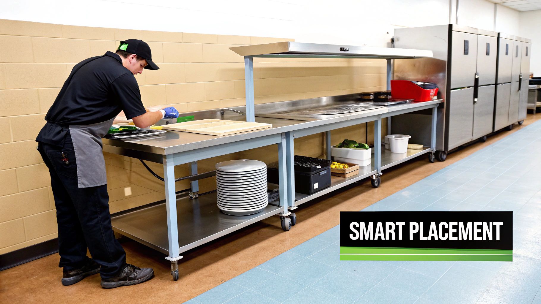 A kitchen worker wearing gloves and an apron is preparing food on a stainless steel commercial prep table.