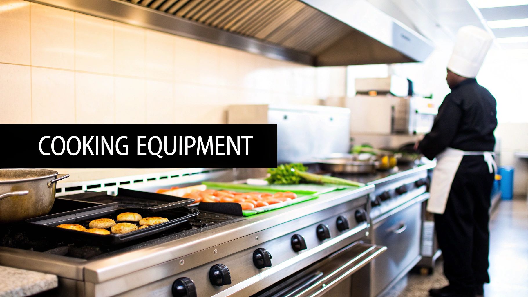 A chef works in a well-equipped commercial kitchen with stainless steel cooking equipment.