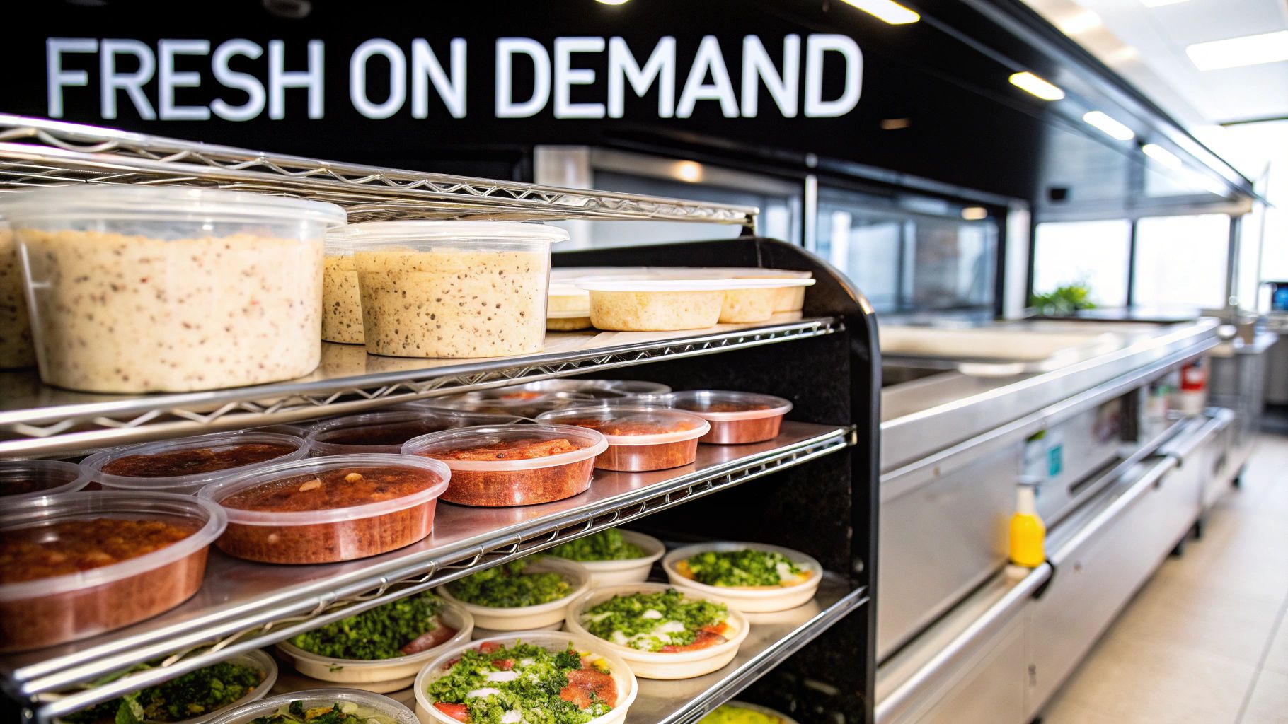 Shelves filled with various pre-packaged meals, including grains, sauces, and greens, in a food service area.