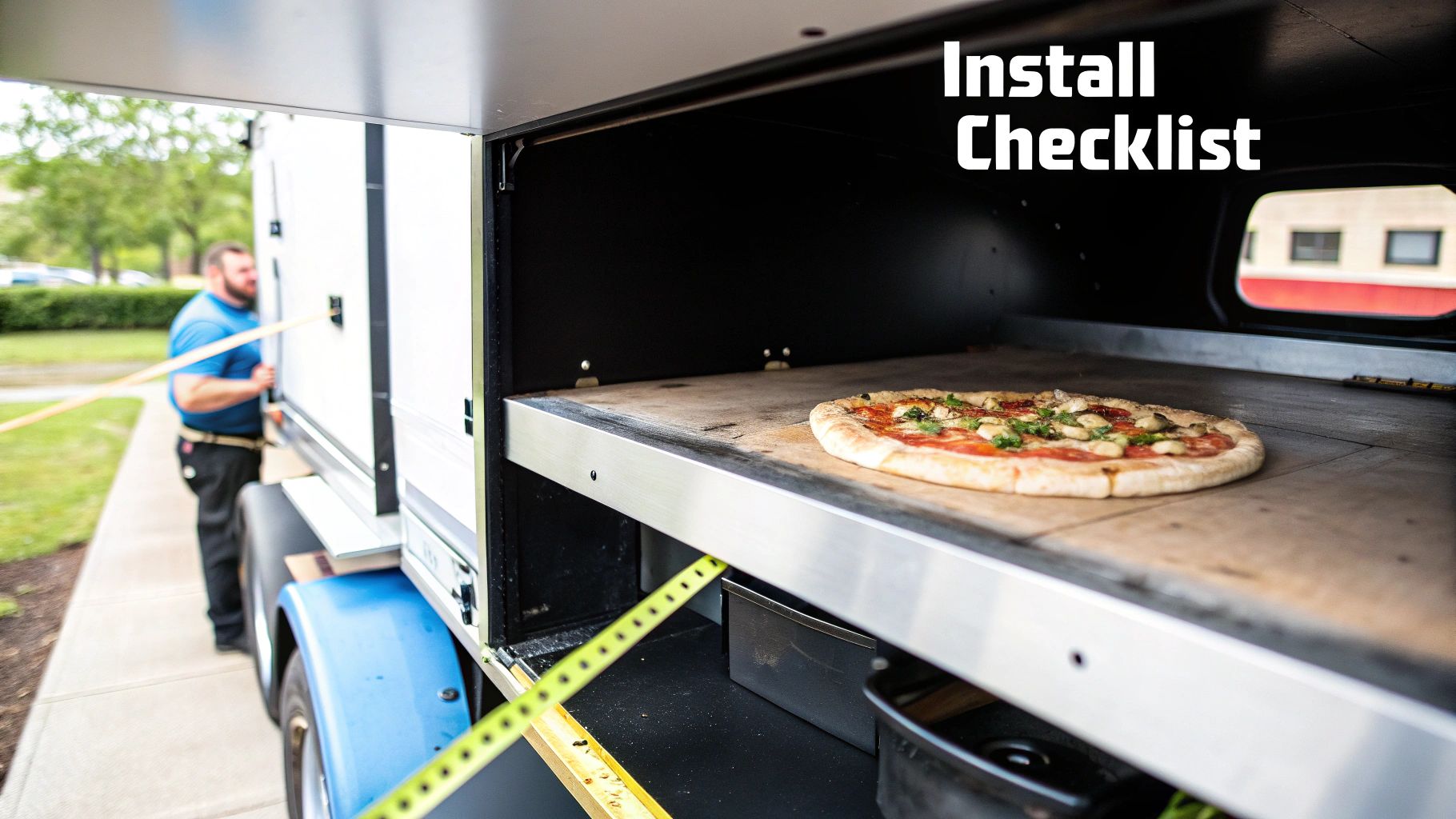 Man setting up a mobile pizza oven with a fresh pizza inside and an 'Install Checklist'.