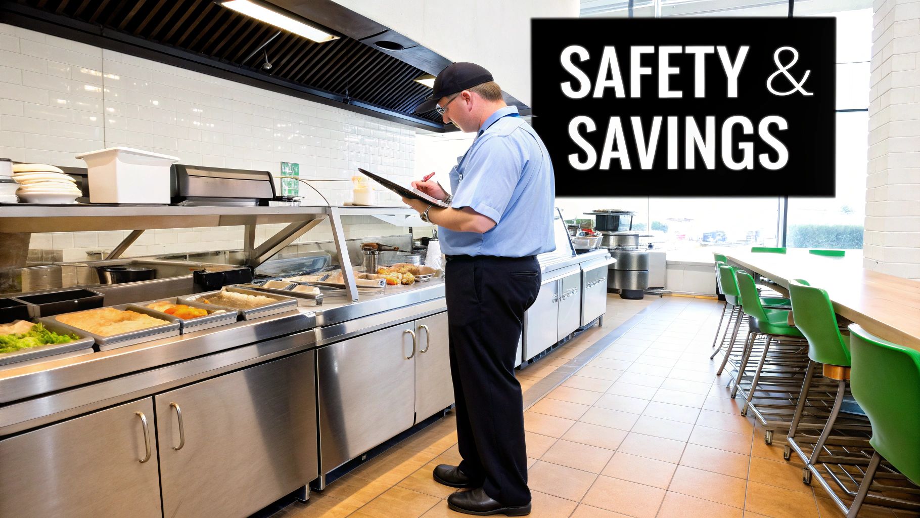 A man in uniform inspects food on a commercial buffet line, emphasizing safety and savings.