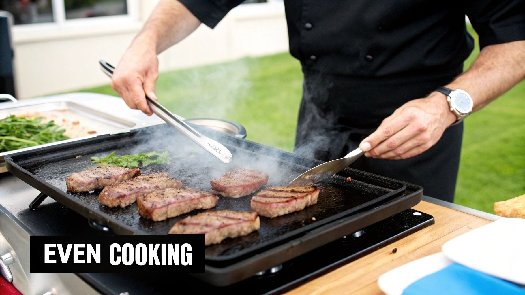 A thermostatic gas griddle in a commercial kitchen with perfectly cooked burgers and pancakes, illustrating consistency and quality.