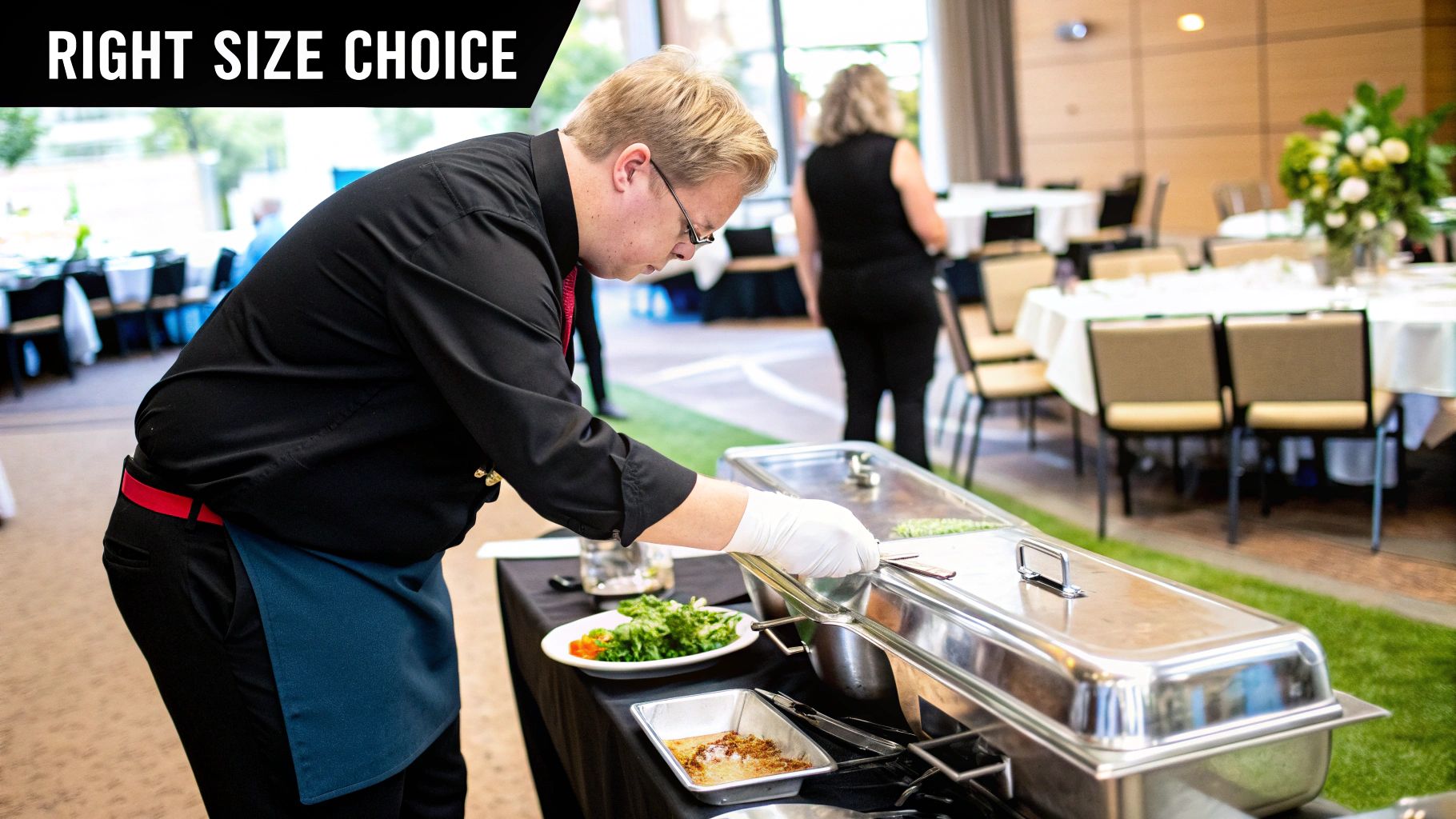 A buffet line featuring smaller round and half-size chafing dishes for sides and sauces.
