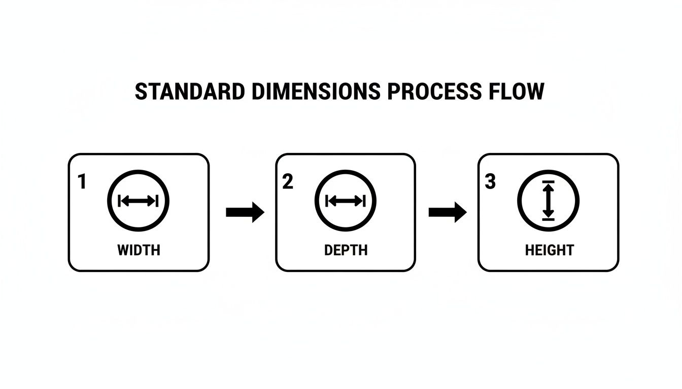 Flowchart illustrating the standard process for measuring dimensions: Width, then Depth, then Height.
