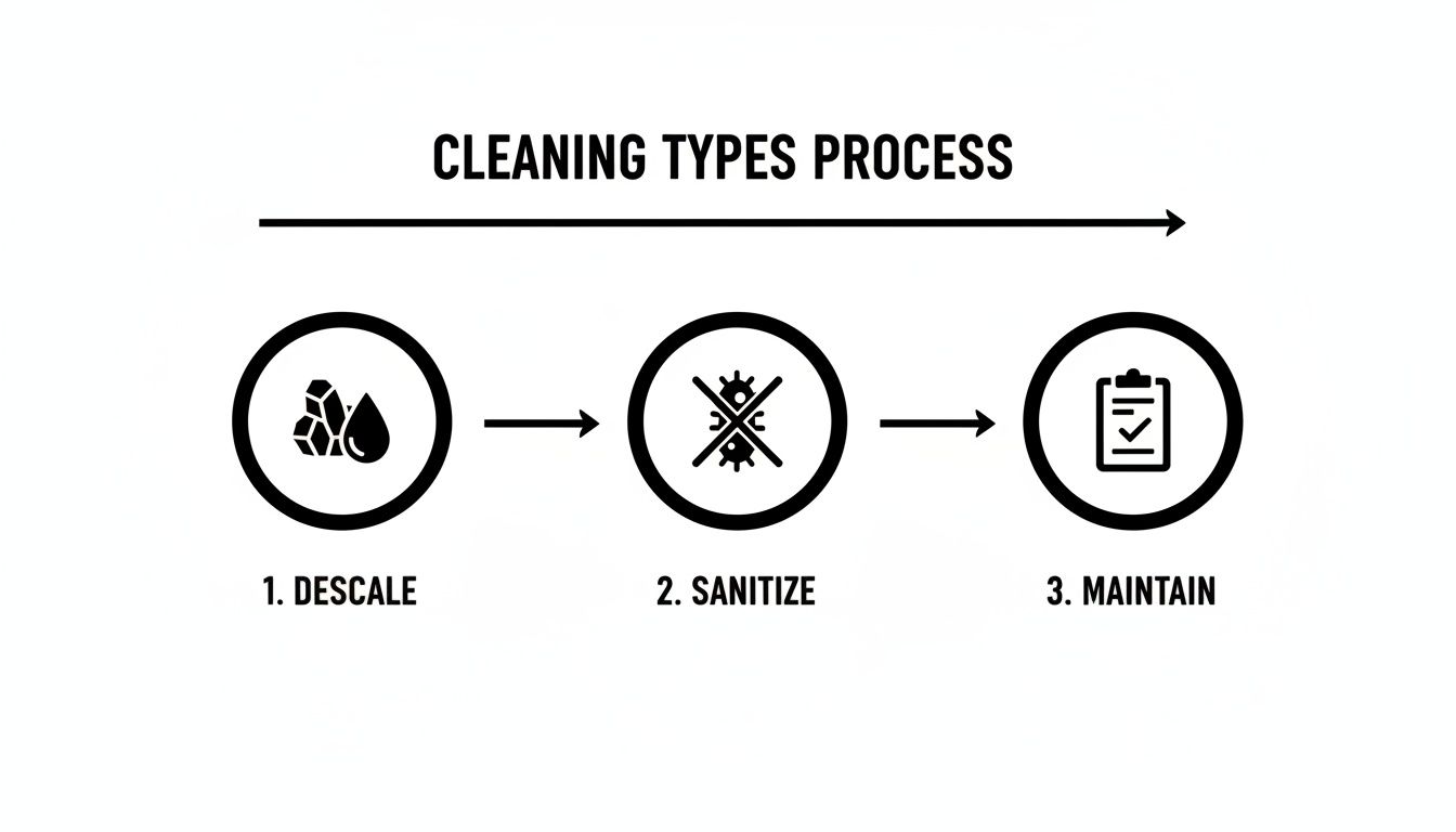 A cleaning types process diagram showing three steps: descale, sanitize, and maintain with icons.