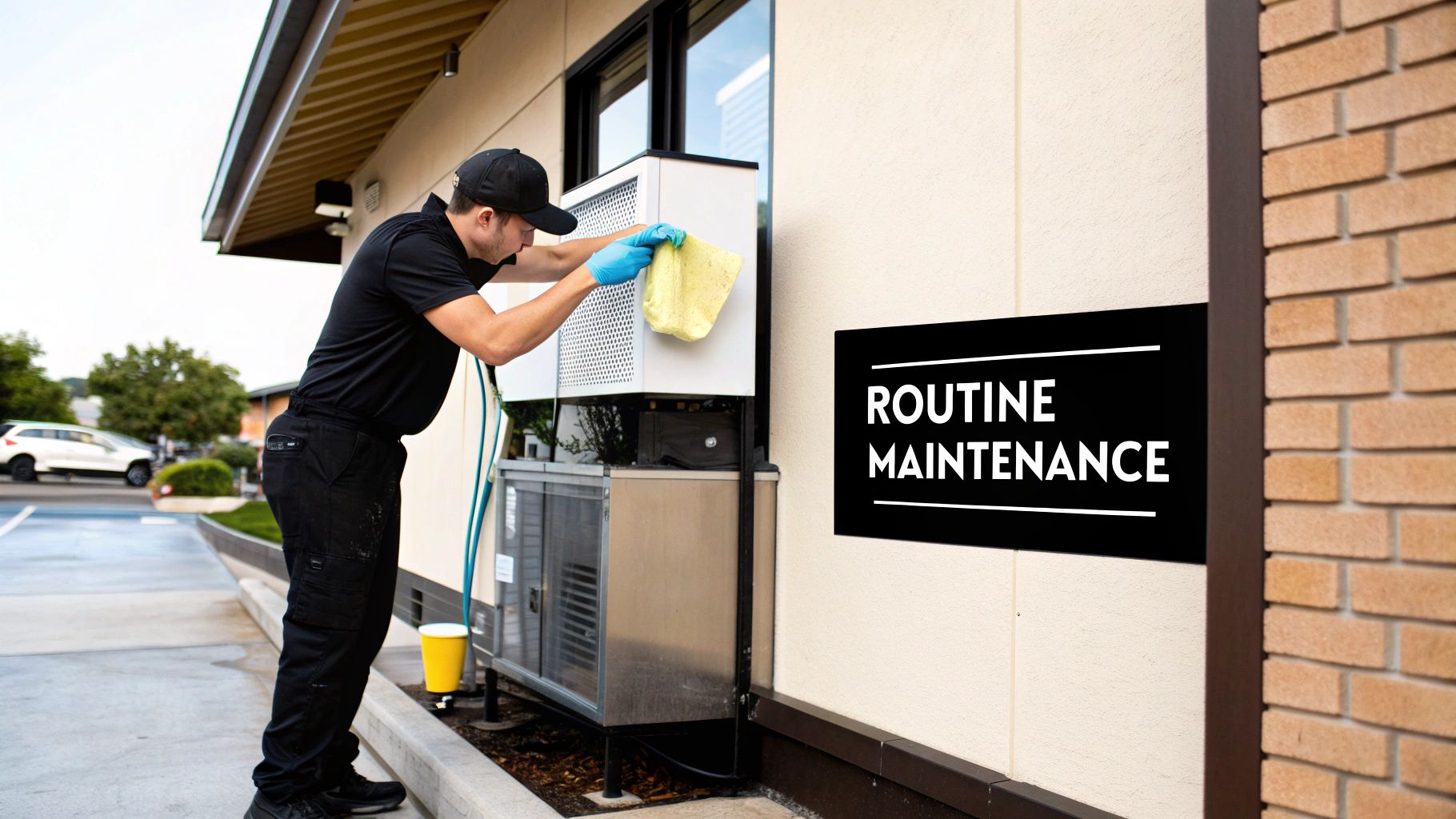 A technician wearing blue gloves cleans an outdoor commercial ice machine during routine maintenance.
