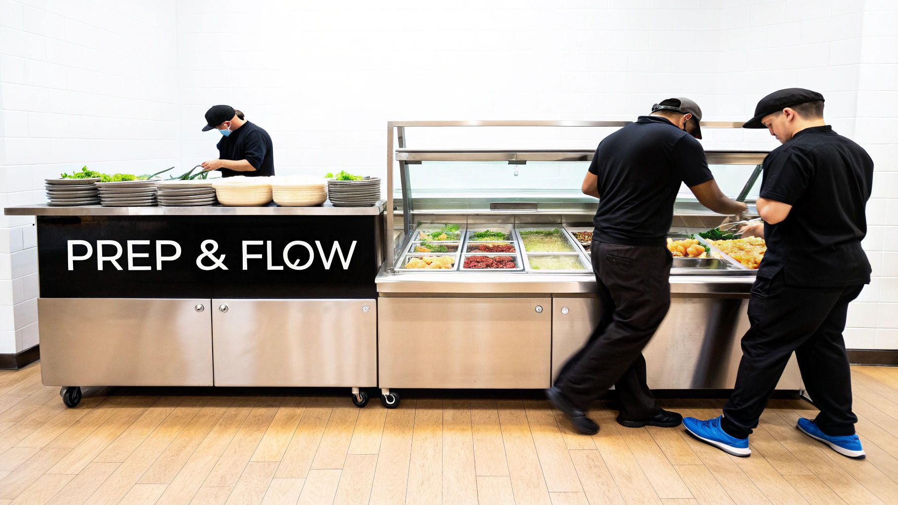 Three kitchen staff members preparing food at a salad bar and prep counter with 'PREP & FLOW' signage.