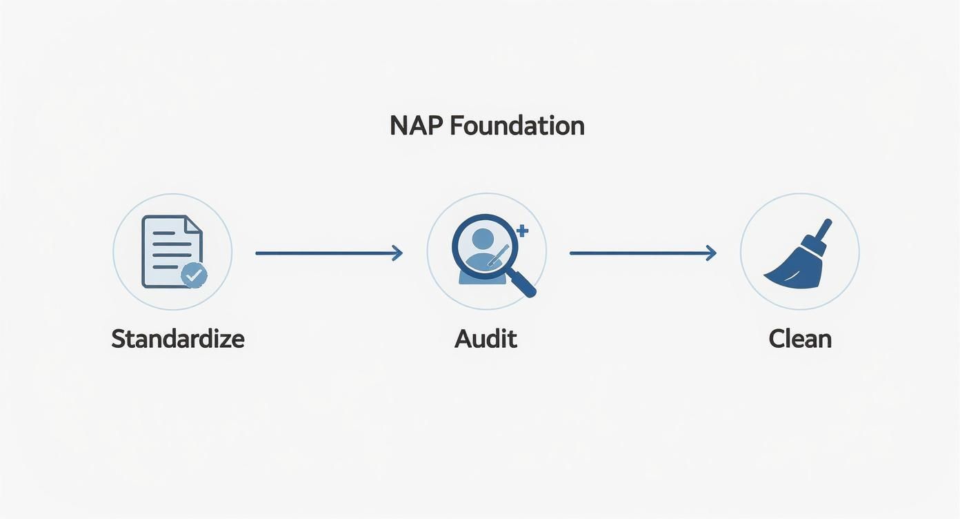 Infographic showing a three-step process for preparing your NAP data: Standardize with a document icon, Audit with a magnifying glass icon, and Clean with a broom icon.