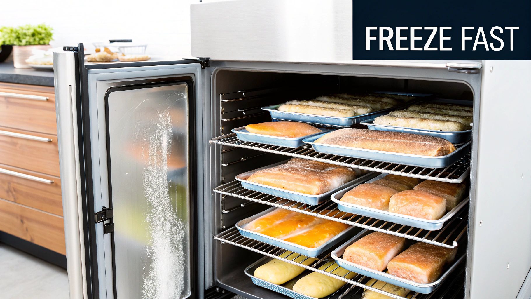 Inside a commercial blast freezer filled with multiple trays of various foods being rapidly frozen.