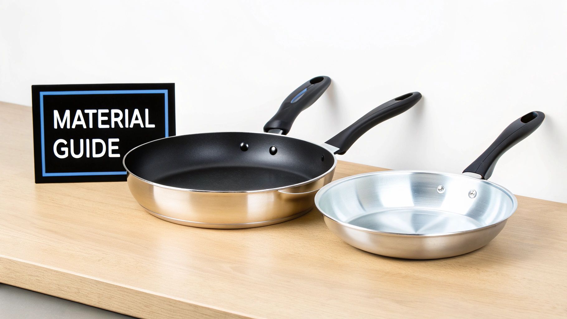 Two frying pans, one non-stick coated and one metal, sit on a wooden surface next to a 'MATERIAL GUIDE' sign.