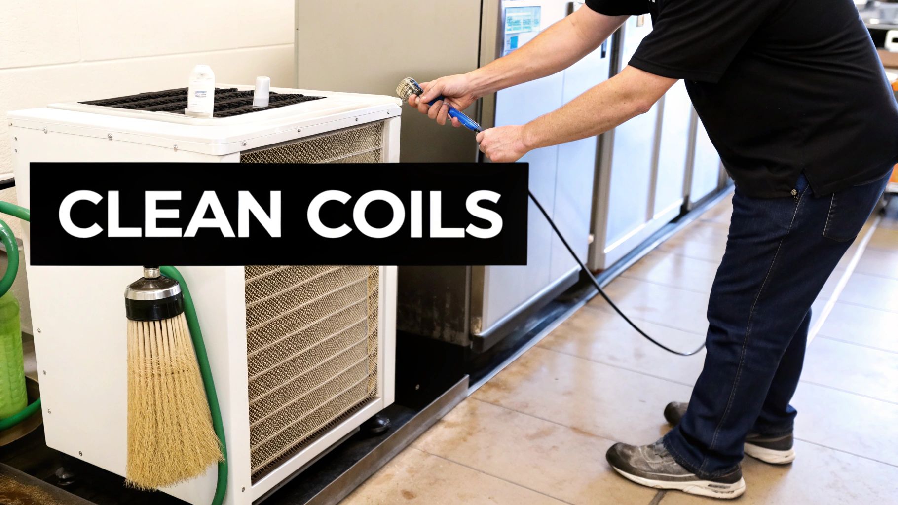 A technician sprays cleaning solution into the coils of a commercial ice maker for maintenance.
