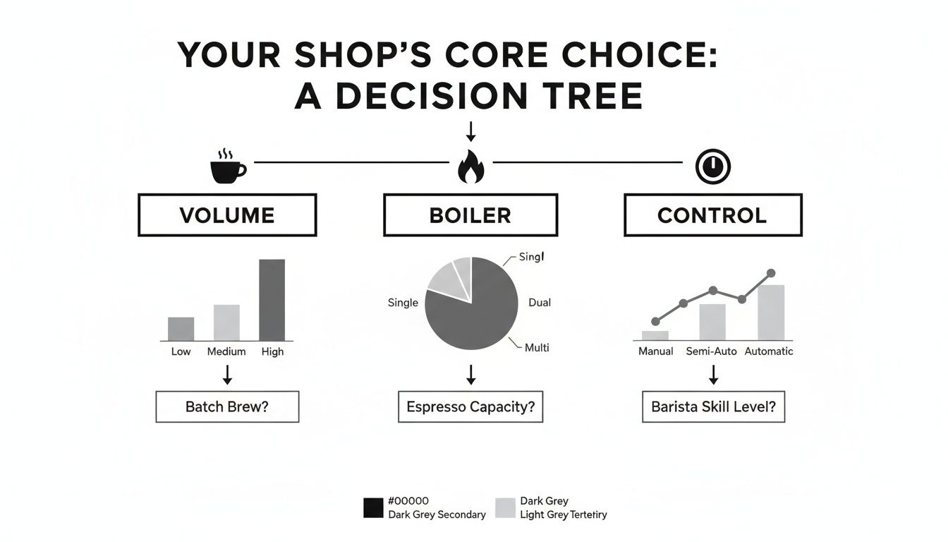 Decision tree for coffee shop choices: volume, boiler, and control, with associated graphs and questions.