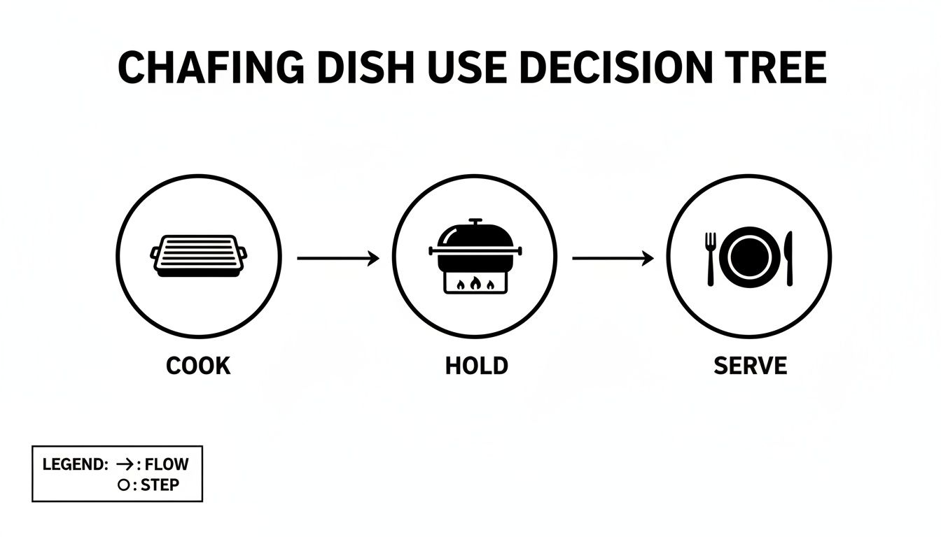 Flowchart illustrating the three main steps for chafing dish use: cook, hold, and serve.