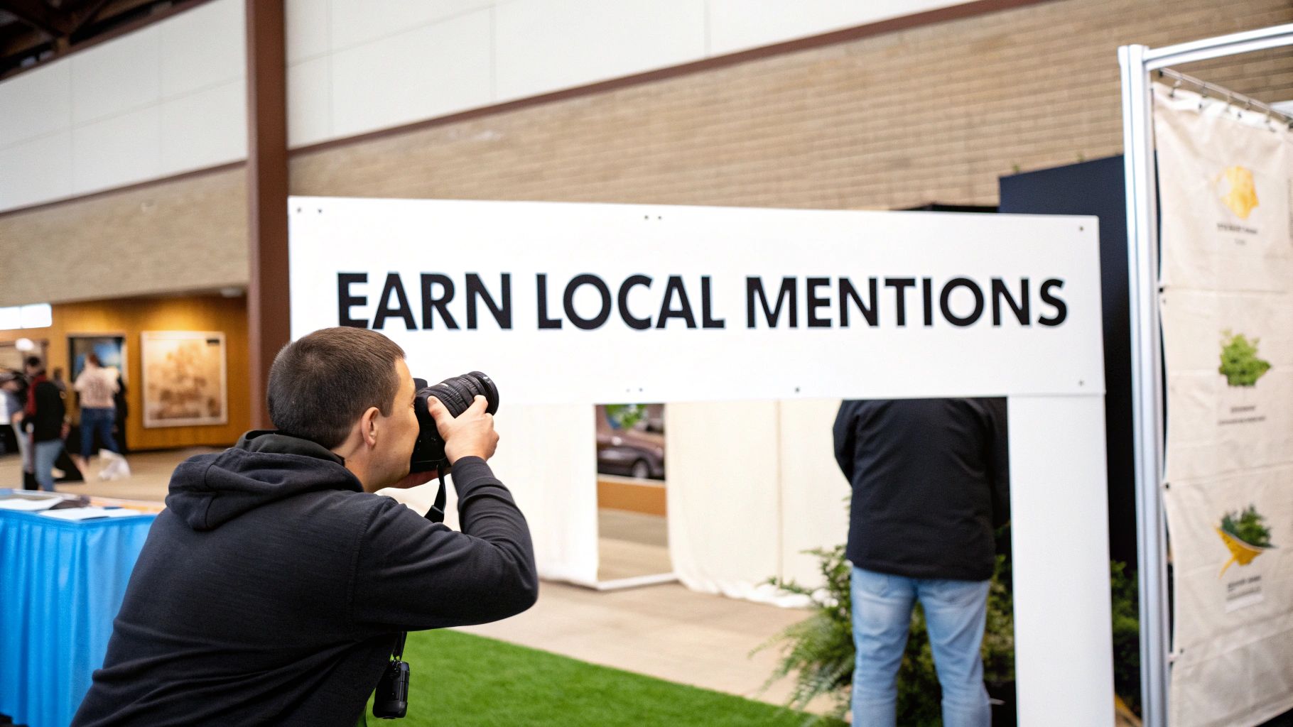 A chef in a commercial kitchen using a tablet to look up equipment, with digital icons for photos and location pins floating around.