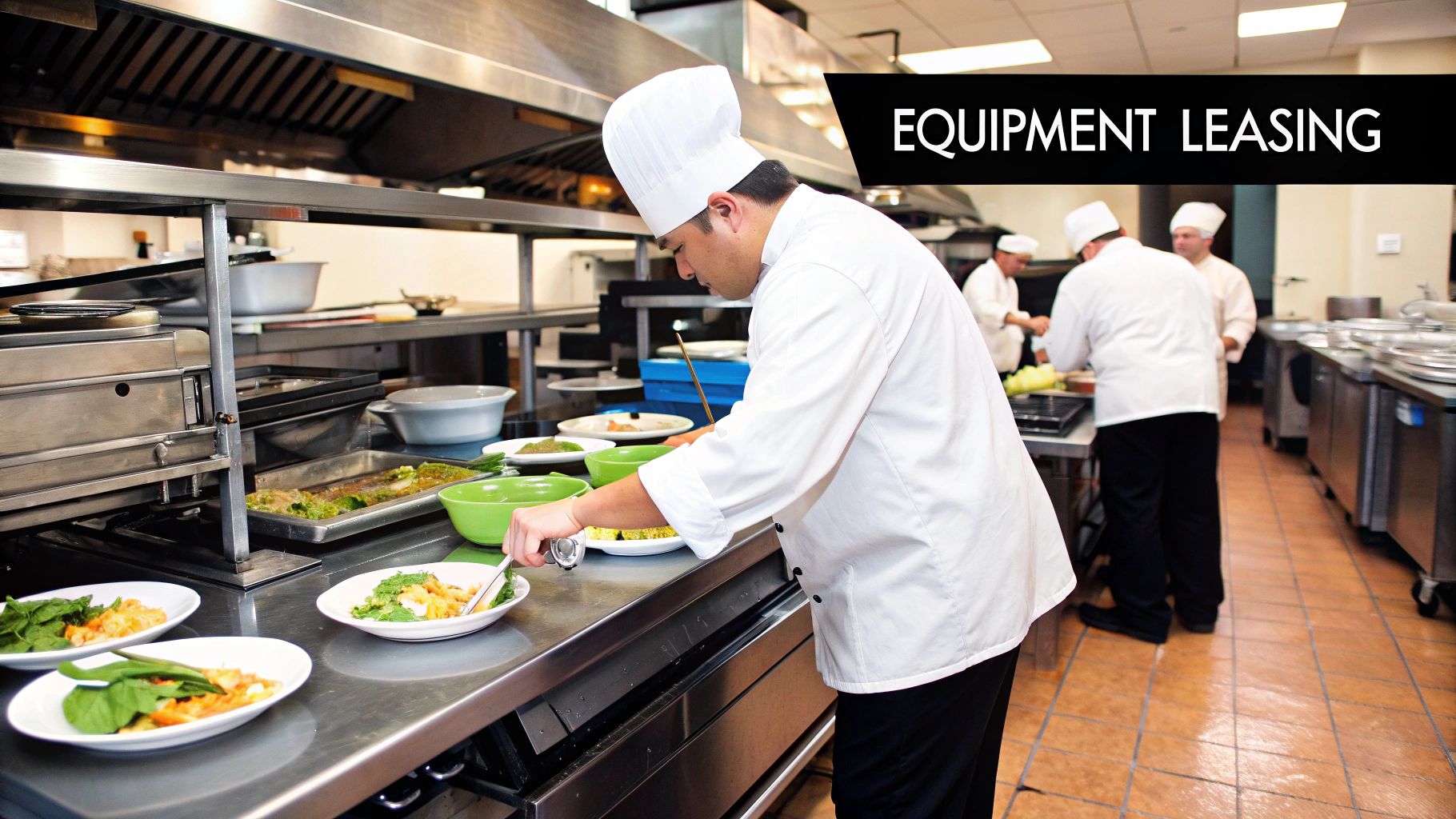 A modern, well-lit commercial kitchen with stainless steel equipment and a chef working in the background.