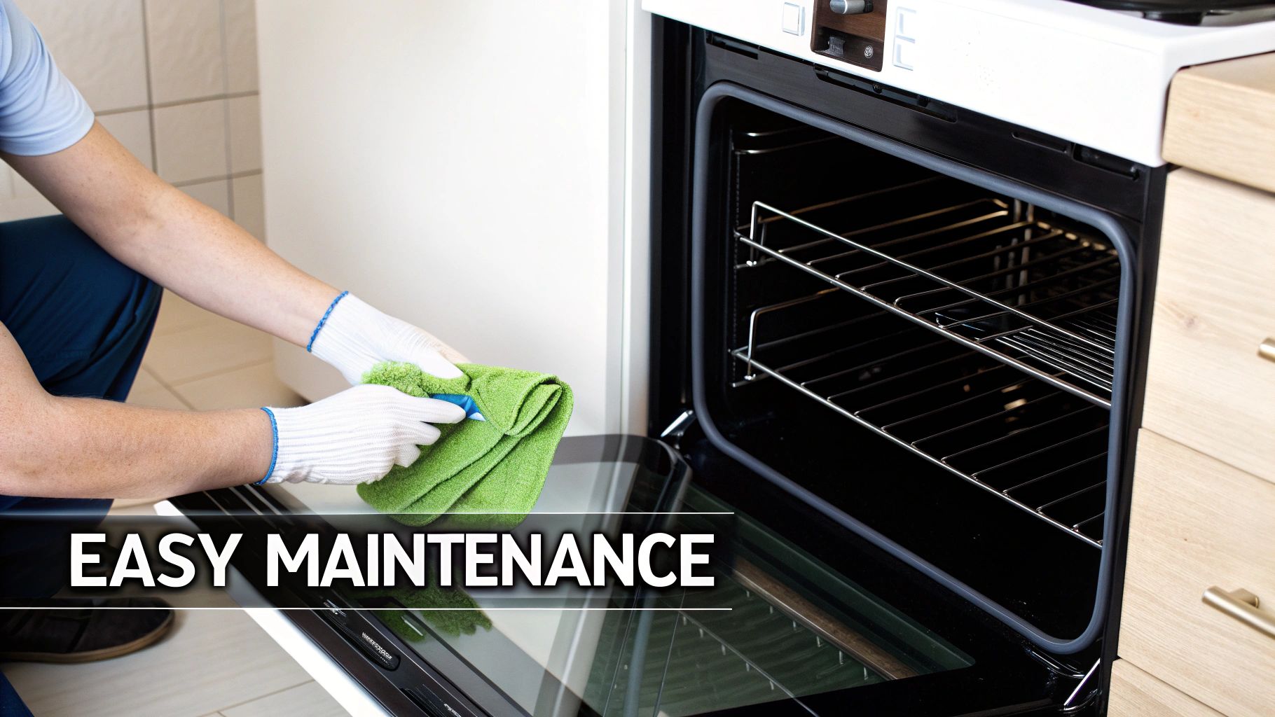 A person in gloves carefully wiping down the clean interior of a commercial convection oven.