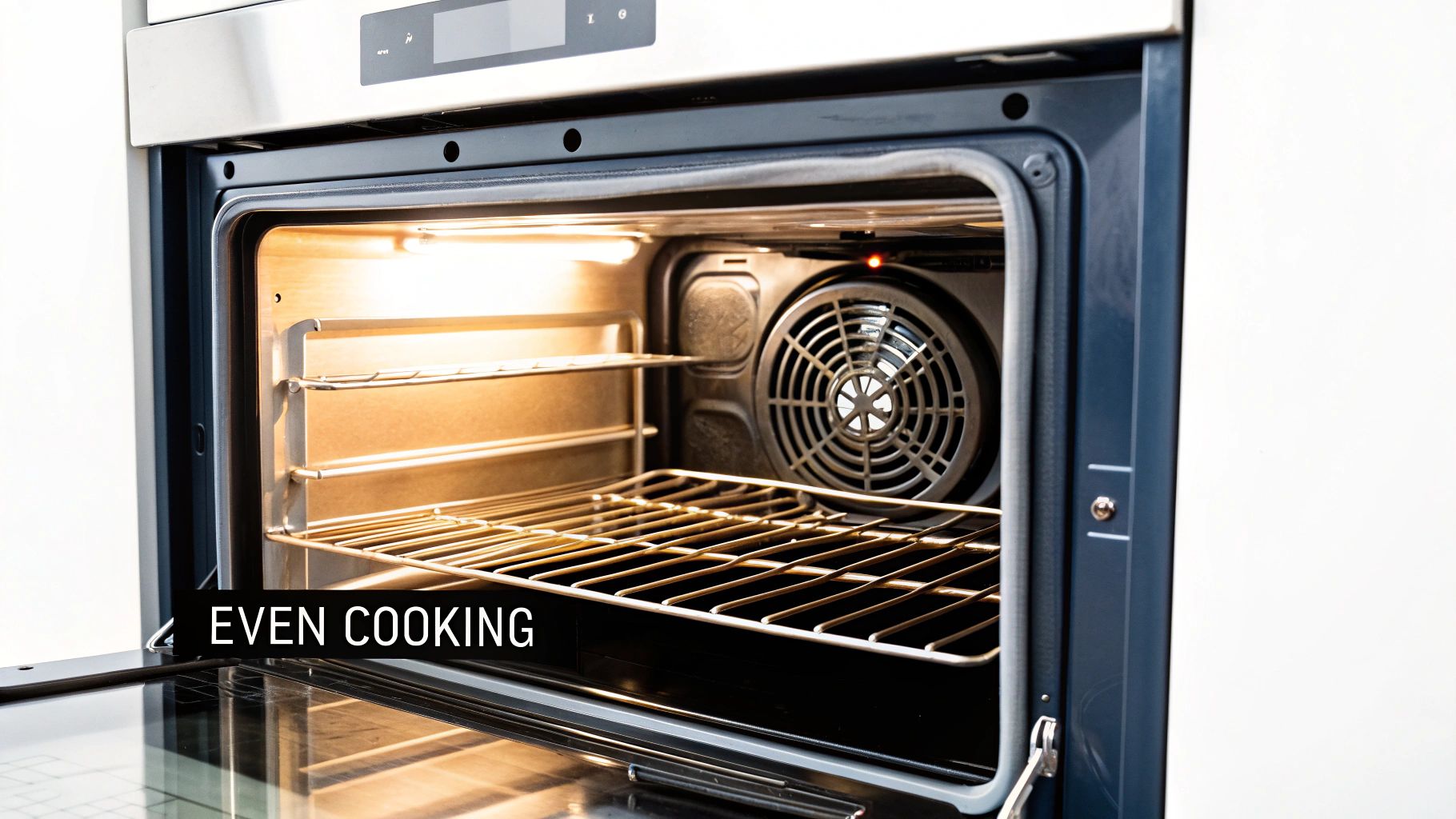 An open convection oven showing two racks, an interior light, and a fan for even cooking.