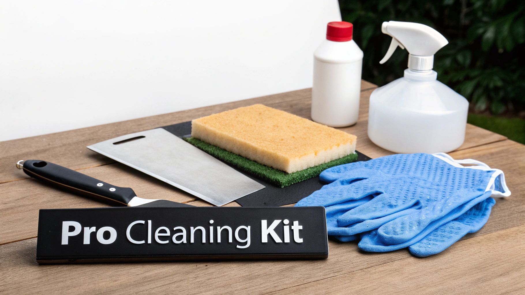 An assortment of professional grill cleaning tools, including scrapers, grill bricks, and heat-resistant gloves, laid out on a stainless steel surface.