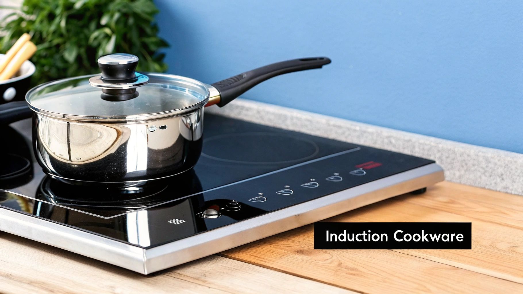 A modern kitchen showcasing various pieces of stainless steel induction ready cookware on a sleek induction cooktop.