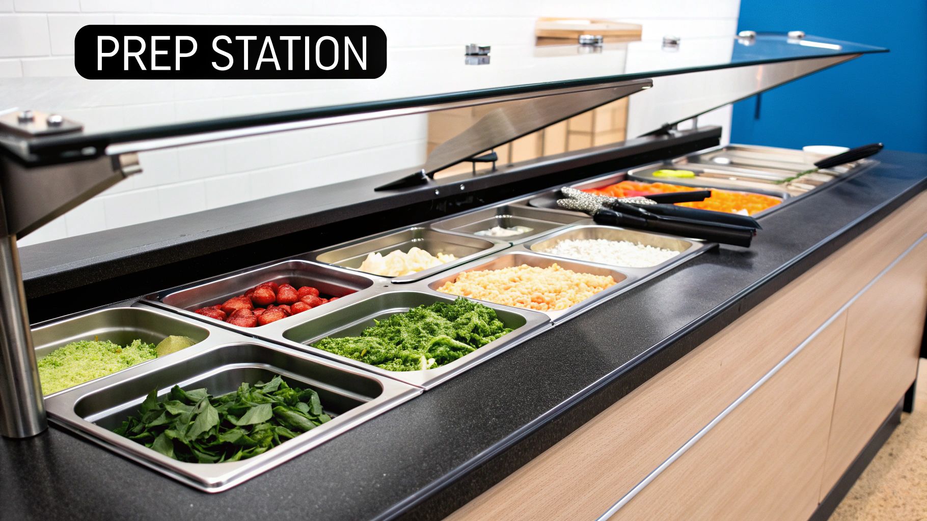 A bright food prep station with various fresh ingredients like strawberries and greens in metal bins.