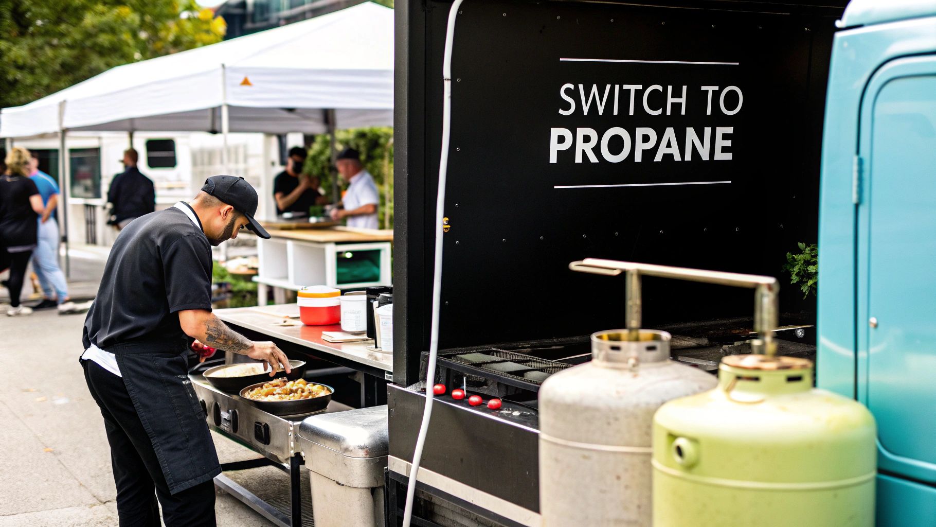 A chef using a gas stove in a restaurant kitchen.