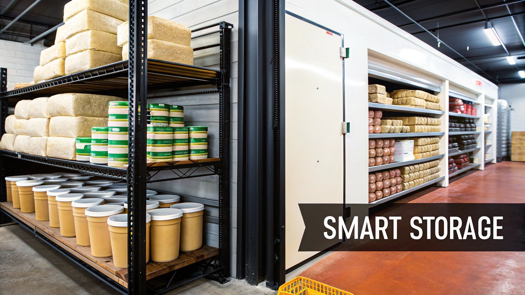 A well-organized dry storage area in a commercial kitchen with metal shelving.