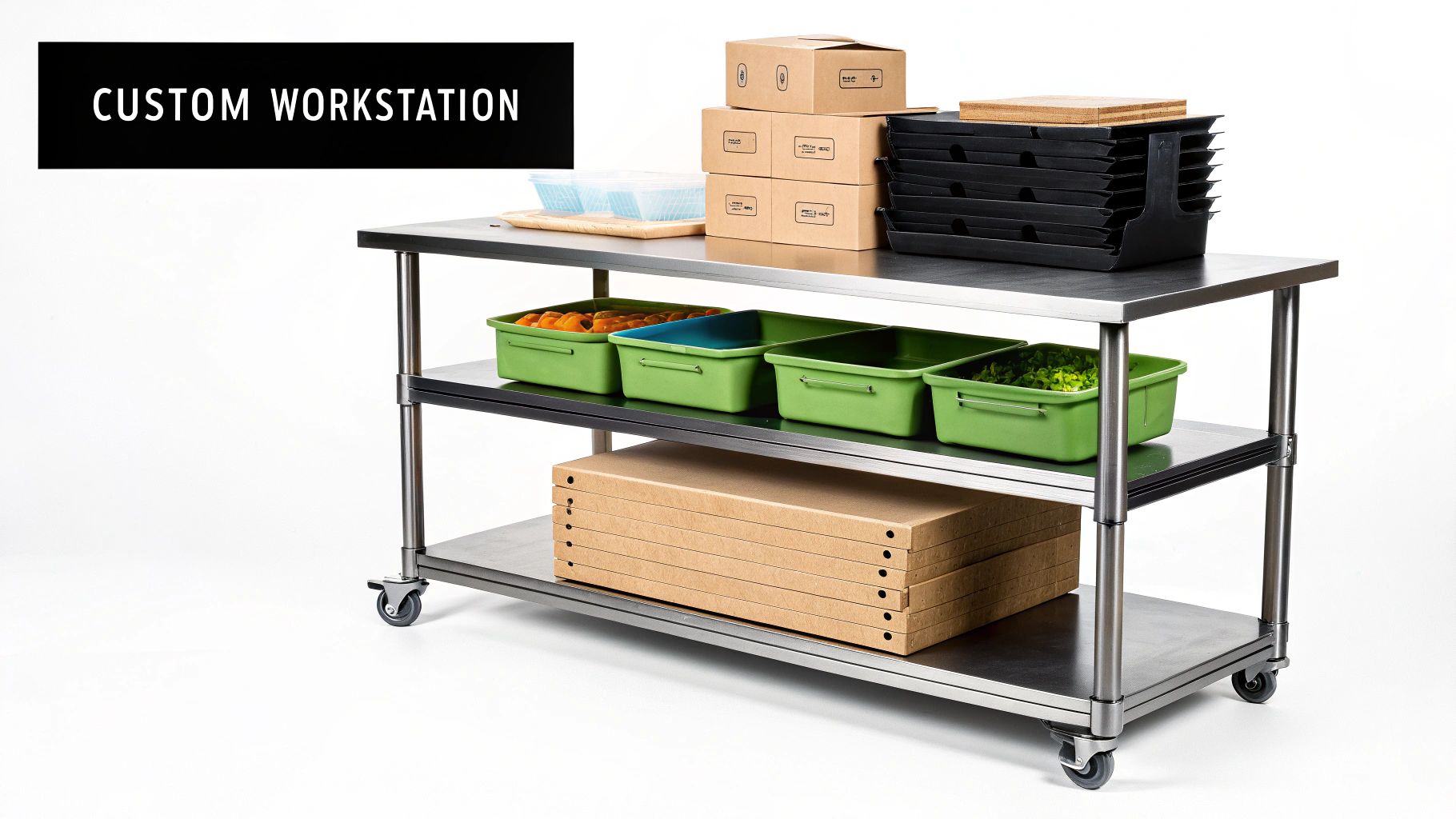 A custom stainless steel workstation on wheels with multiple shelves for food preparation and storage.