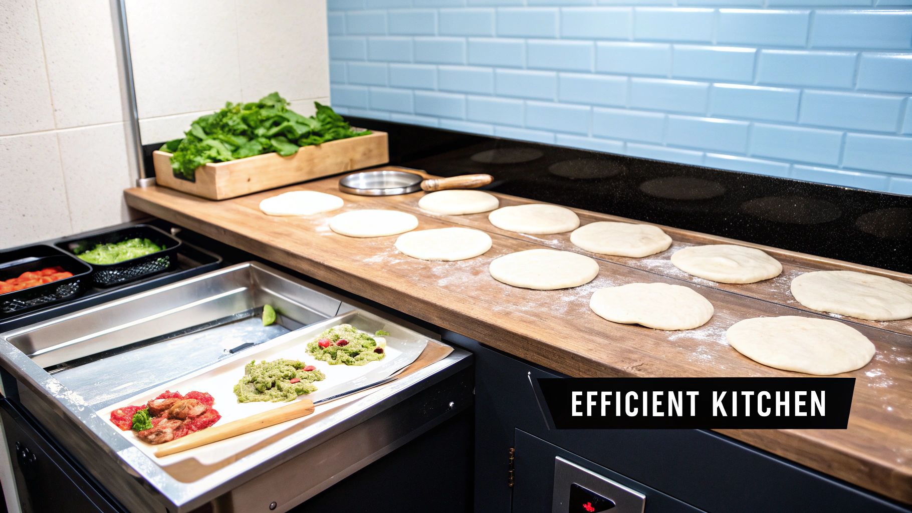 A commercial kitchen counter with fresh pizza dough, green salad, and various toppings ready for preparation.