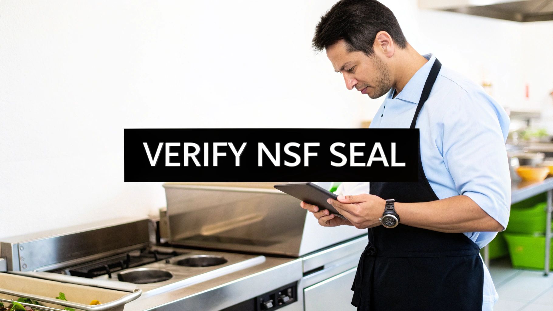 A man in an apron uses a tablet in a commercial kitchen with 'VERIFY NSF SEAL' text.