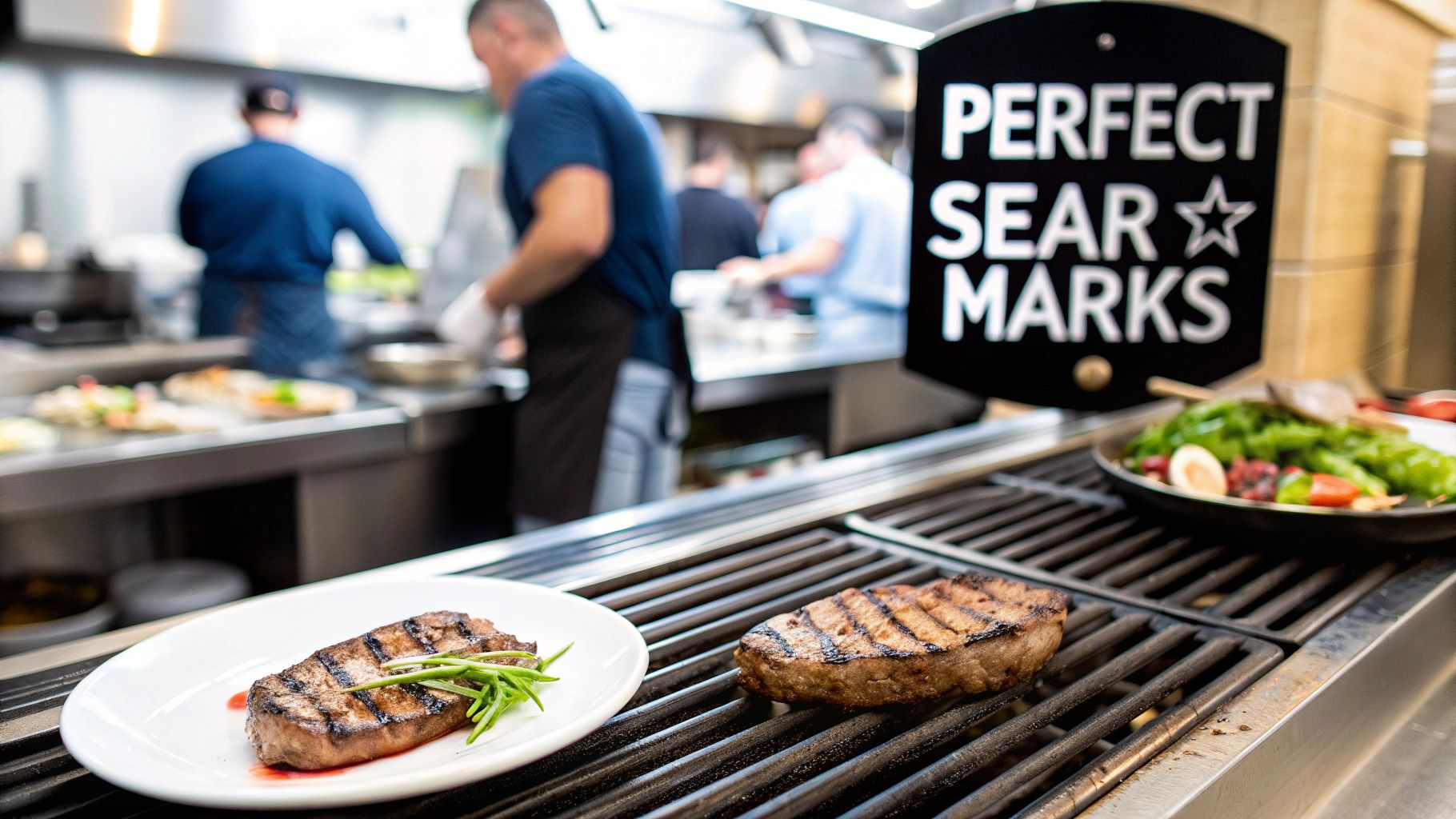 Two perfectly grilled steaks with visible sear marks in a professional kitchen setting.