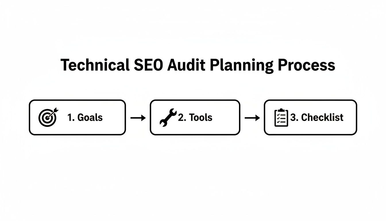 Flowchart outlining the three steps of a technical SEO audit planning process: Goals, Tools, and Checklist.