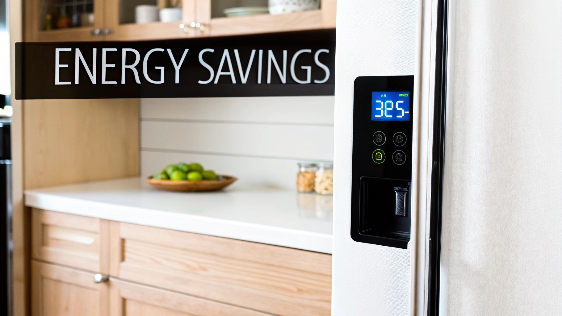A modern kitchen with a white refrigerator displaying 32°F and a black 'ENERGY SAVINGS' sign.