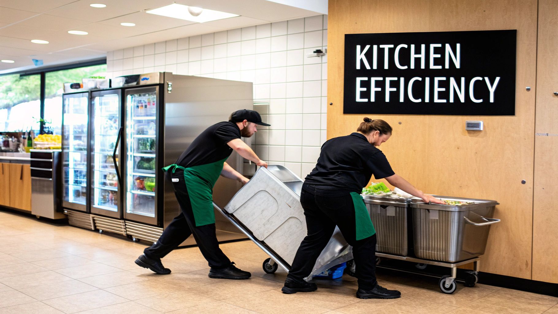 Two kitchen staff in aprons move large industrial containers on wheels in a commercial kitchen.