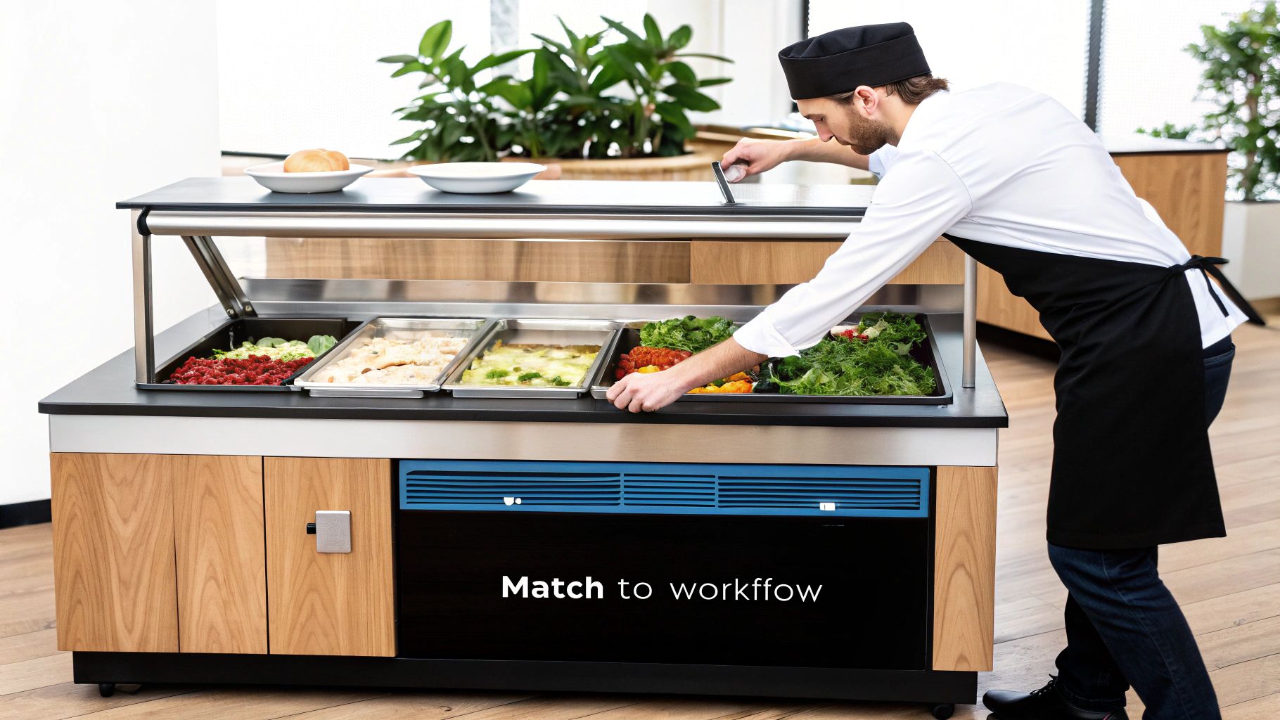 A chef in uniform arranges fresh food in a modern refrigerated buffet counter.