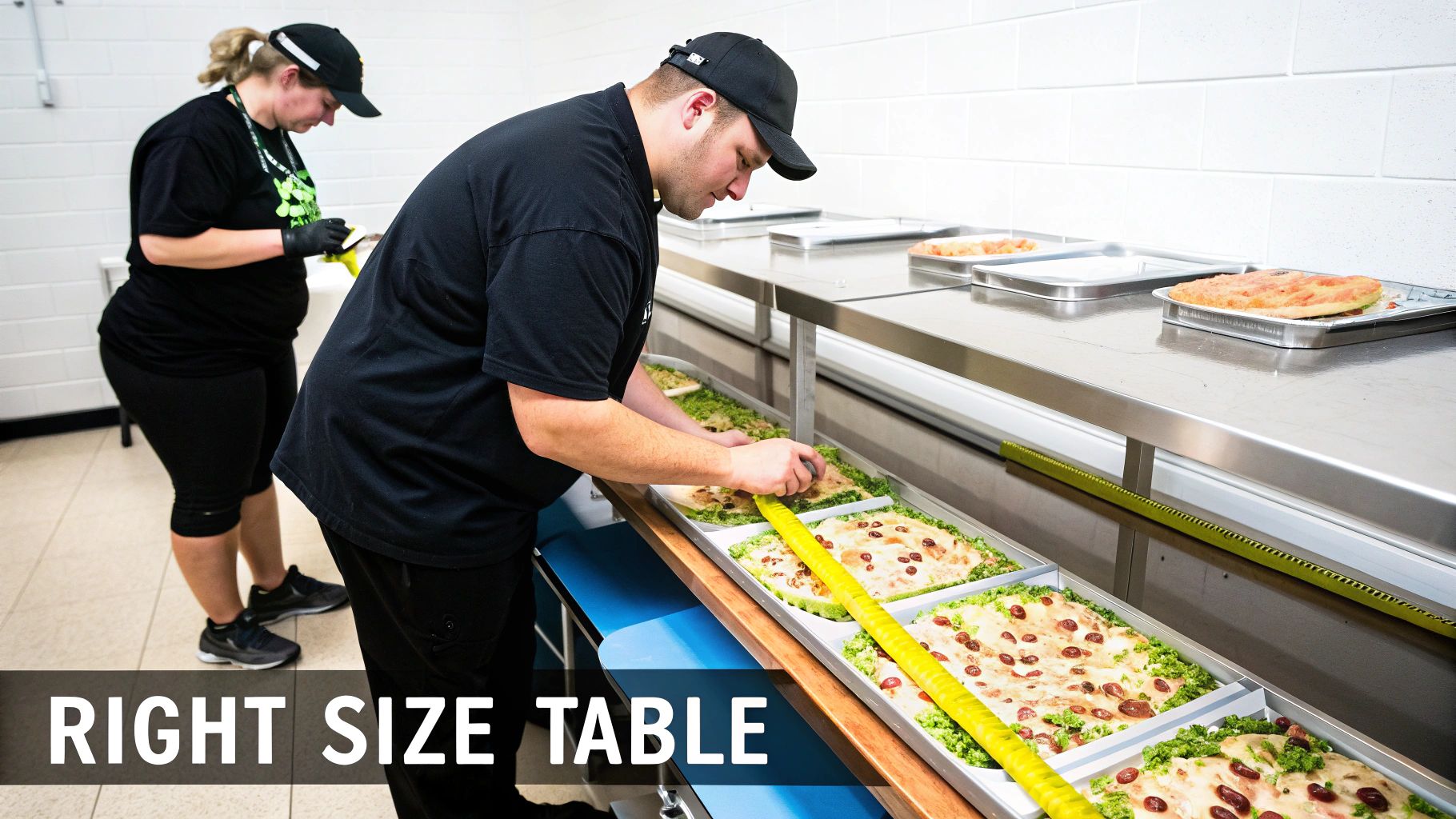 Food service workers prepare pizzas on stainless steel prep tables, with a measuring tape visible.