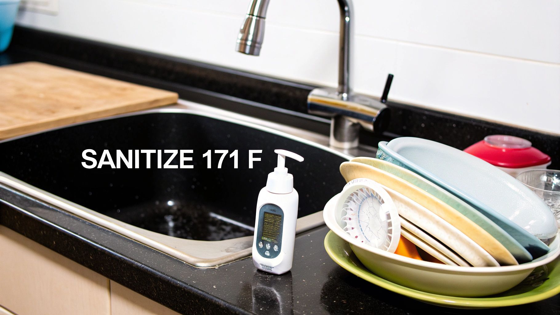 A kitchen scene with a black sink, a soap dispenser, and a stack of dirty dishes, with 'SANITIZE 171 F' text.