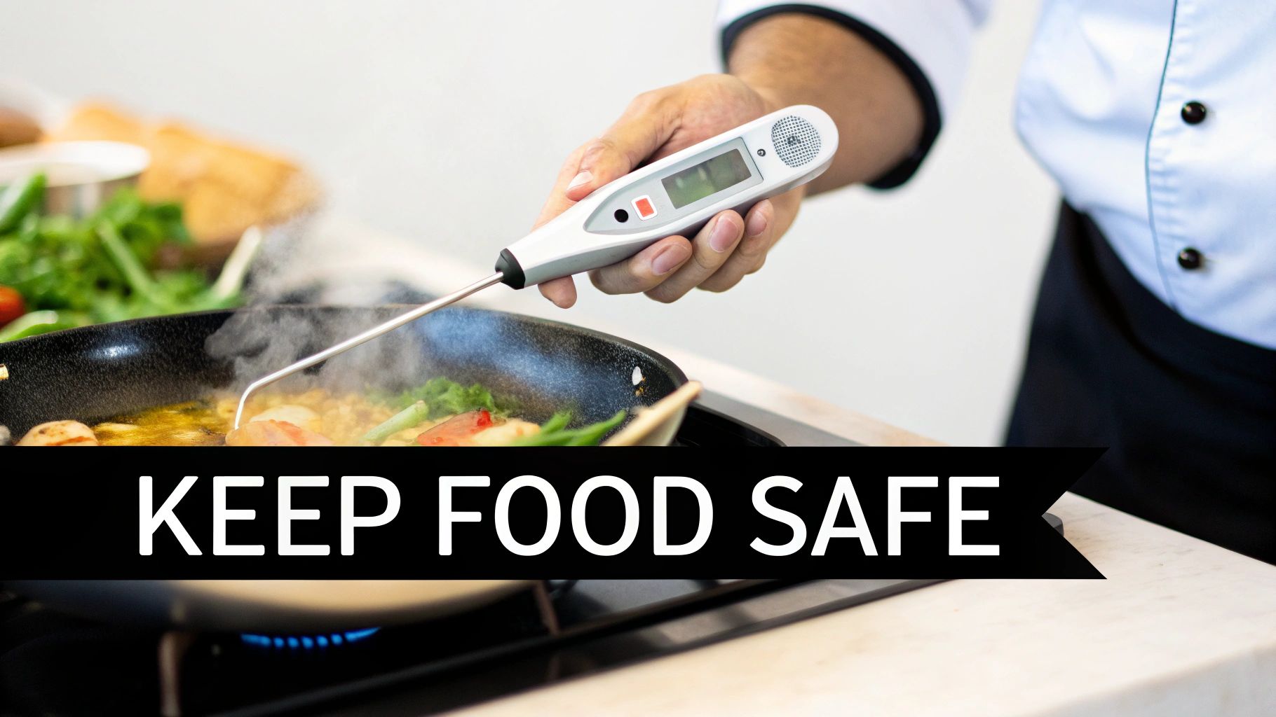 Chef using digital thermometer to check food temperature in pan for safety