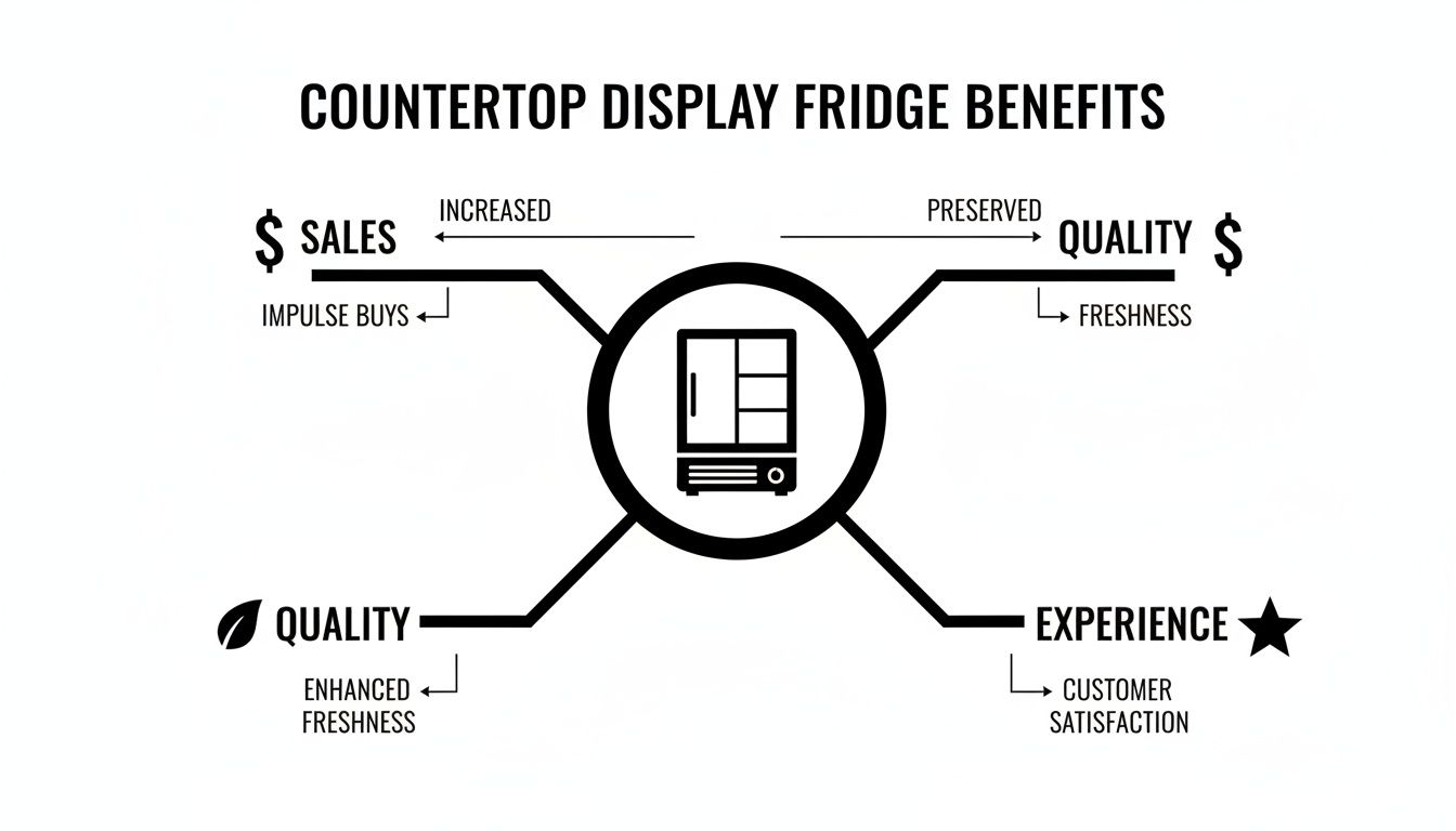 Infographic showing the benefits of a countertop display fridge, including increased sales, preserved quality, and enhanced customer satisfaction.