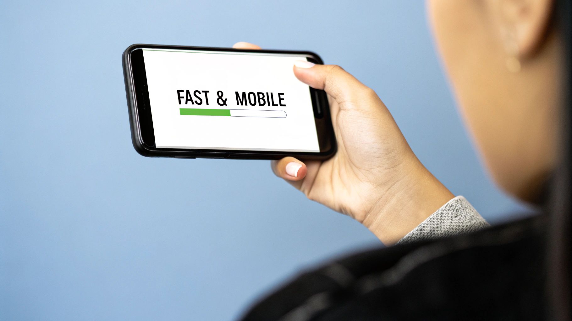 A person using a smartphone with a website displayed on the screen, emphasizing mobile readiness.