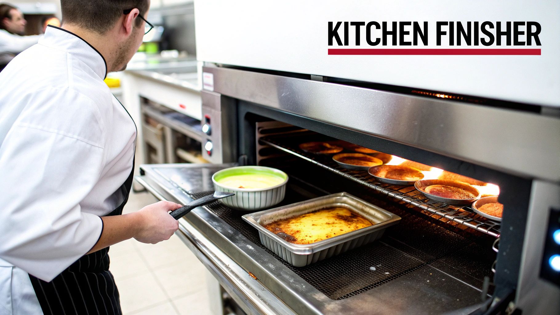 A chef in a white uniform using a kitchen finisher to caramelize desserts in a professional kitchen.