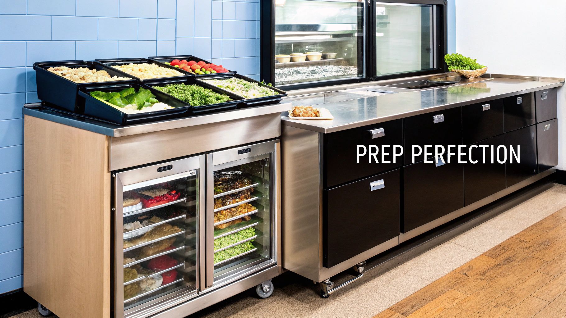 A chef at a well-organized prep station, using an undercounter combo unit for ingredients.