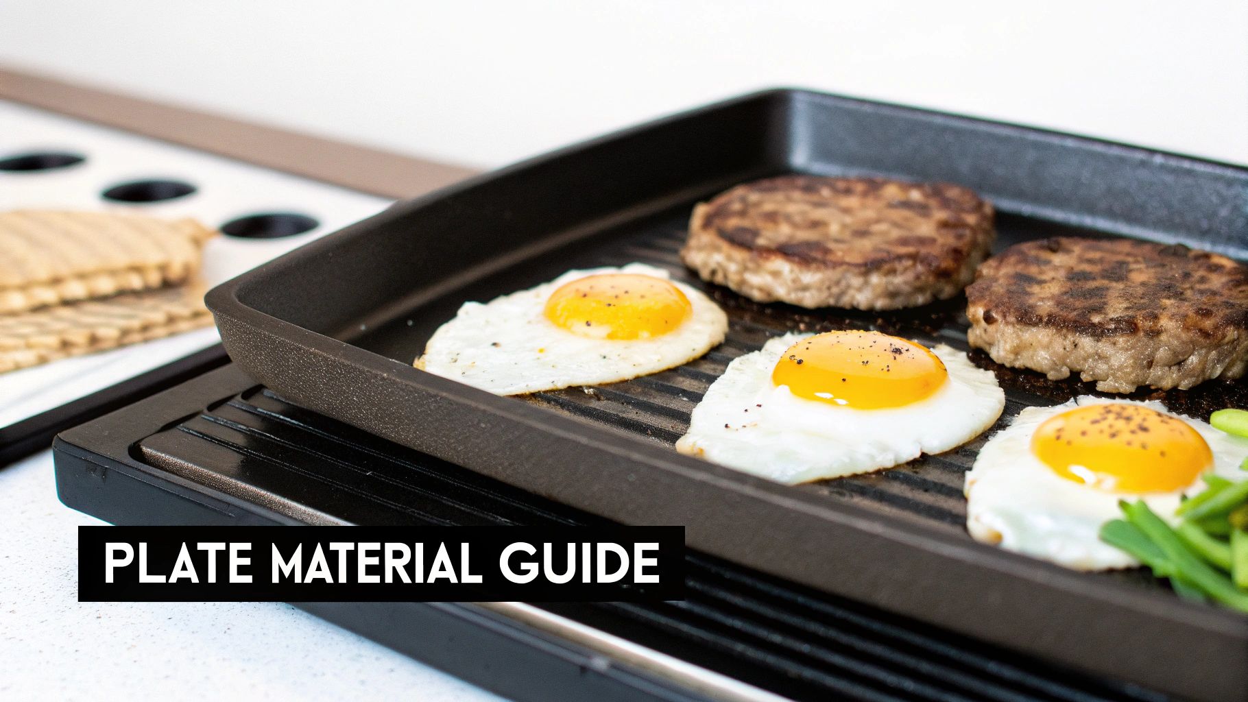 Different types of food, including eggs, bacon, and pancakes, cooking on a commercial griddle surface.