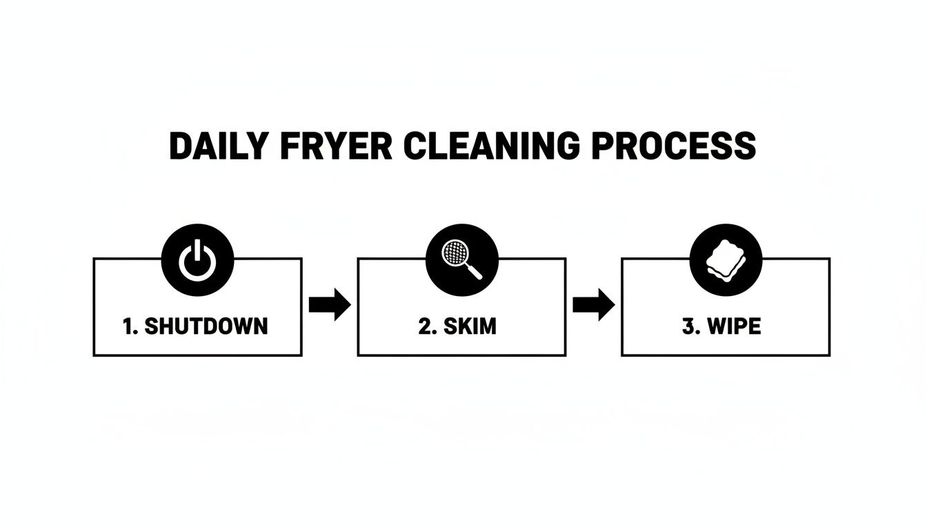 A flowchart outlining the daily fryer cleaning process with steps: shutdown, skim, and wipe.