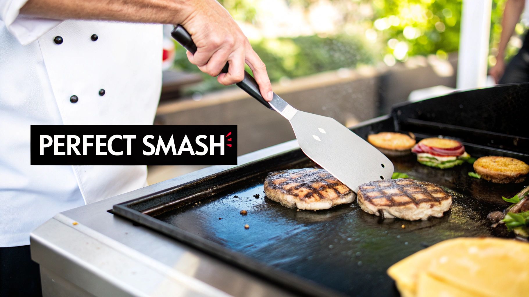 Chef using a spatula to flip smash burgers on a hot griddle outdoors.
