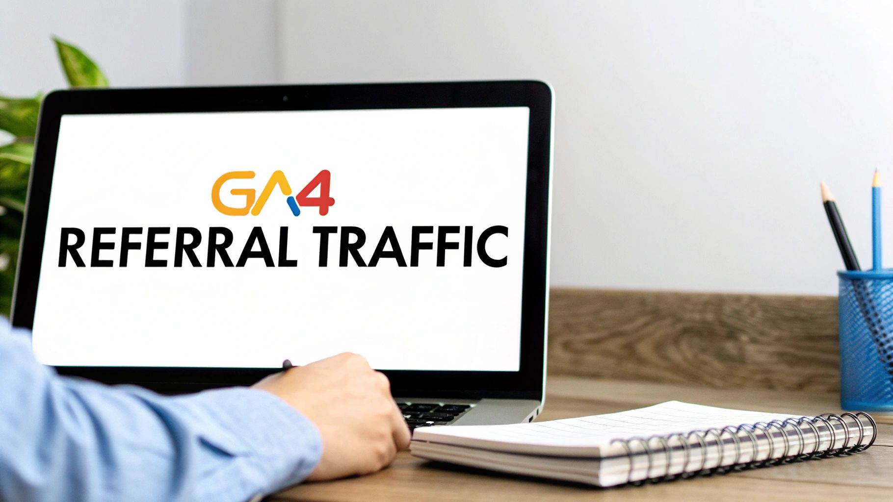 A person pointing at a screen with charts and graphs, representing Google Analytics 4 referral traffic data.