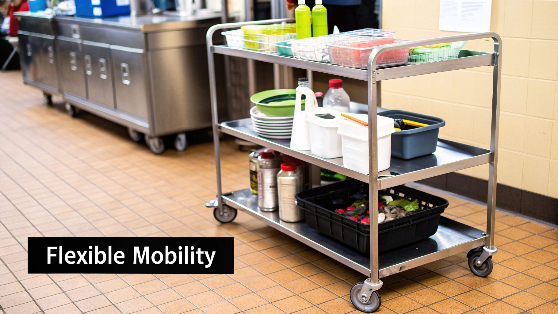 A chef works in a well-zoned commercial kitchen, with clear separation between prep and storage areas.